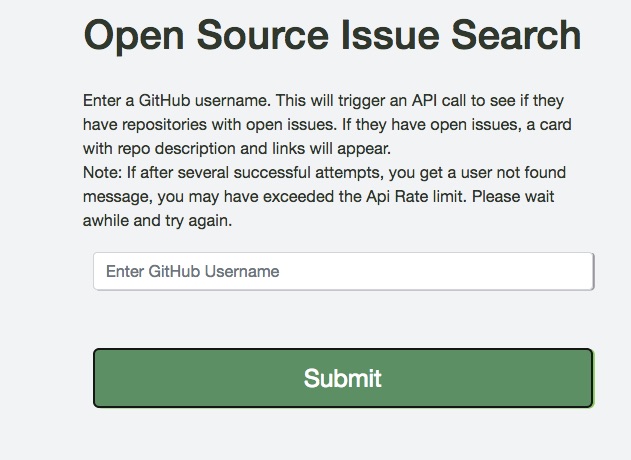 App screen shot. A form for users to enter a github usermname.